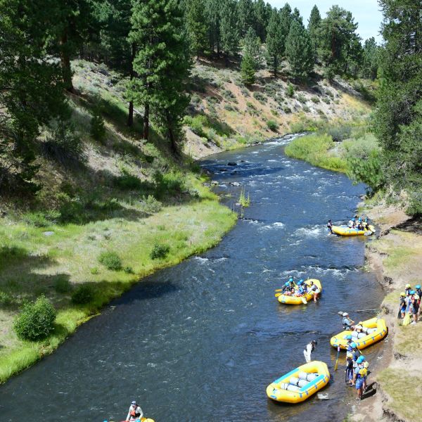 People rafting on a river surrounded by trees and a grassy landscape.