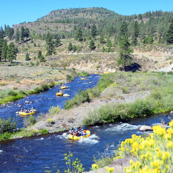 Groups of people rafting on a winding river through a forested mountainous landscape.