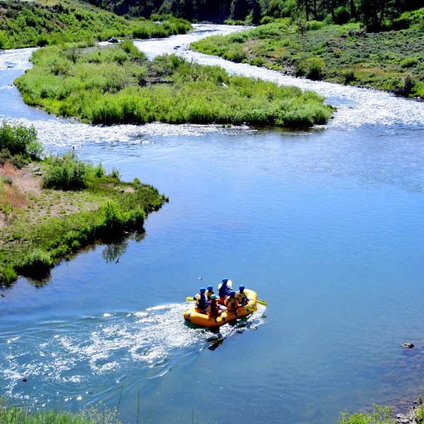 Group rafting on a winding river surrounded by greenery.