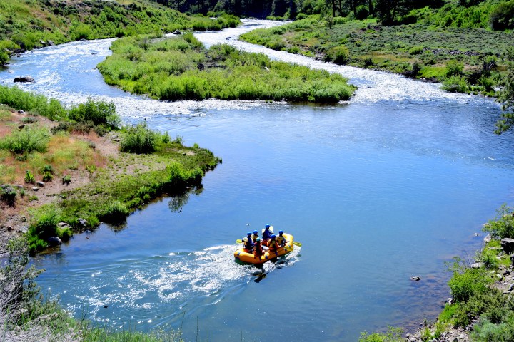 Group rafting on a winding river surrounded by greenery.