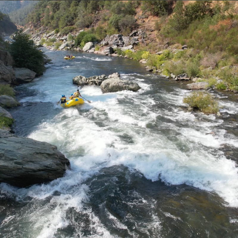 Rafting on a rocky river with rapids and surrounding greenery.