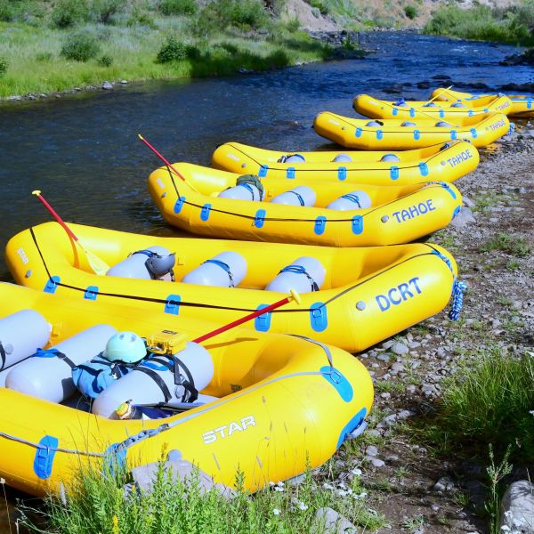 Line of yellow inflatable rafts by a riverbank.
