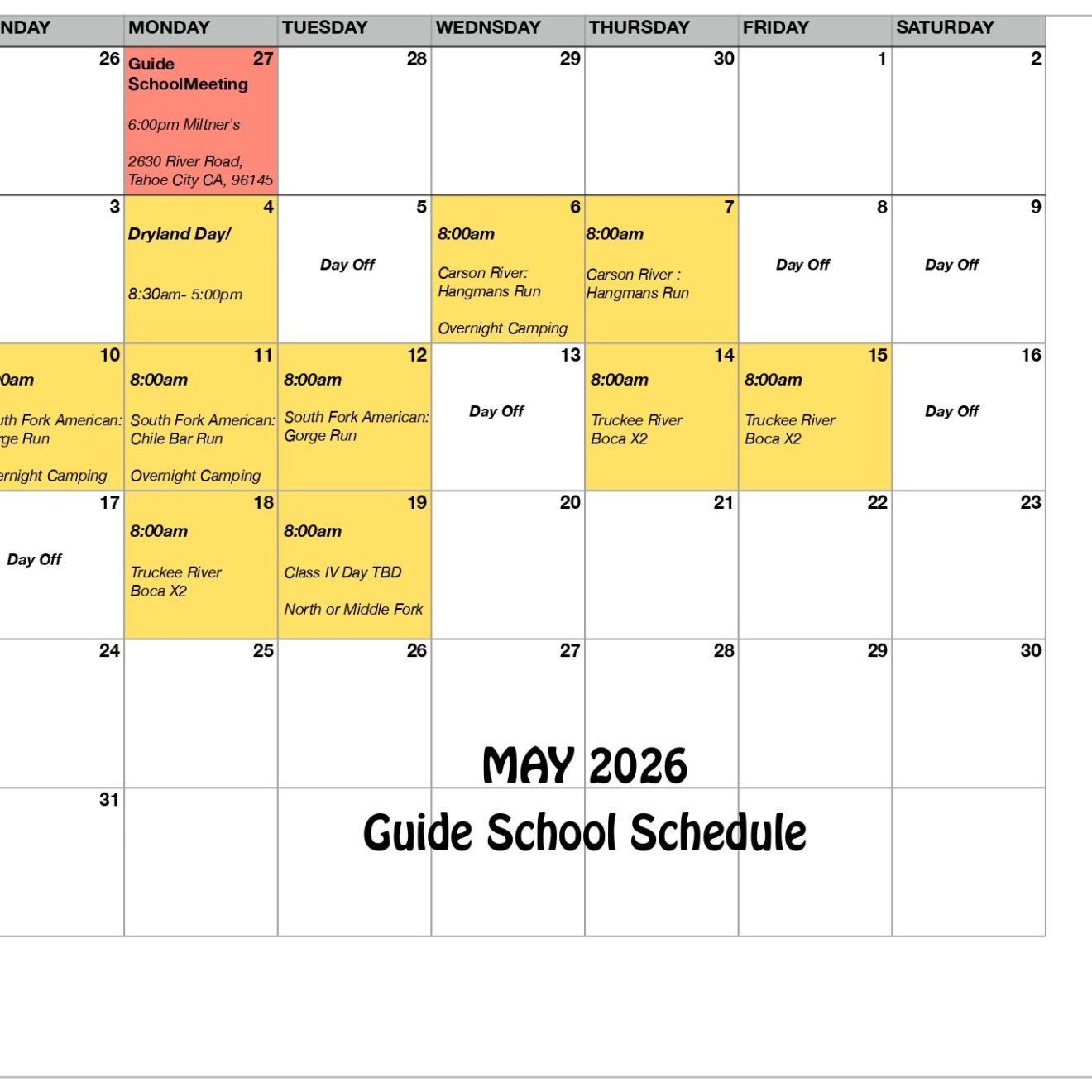 May 2026 guide school schedule calendar with highlighted events.