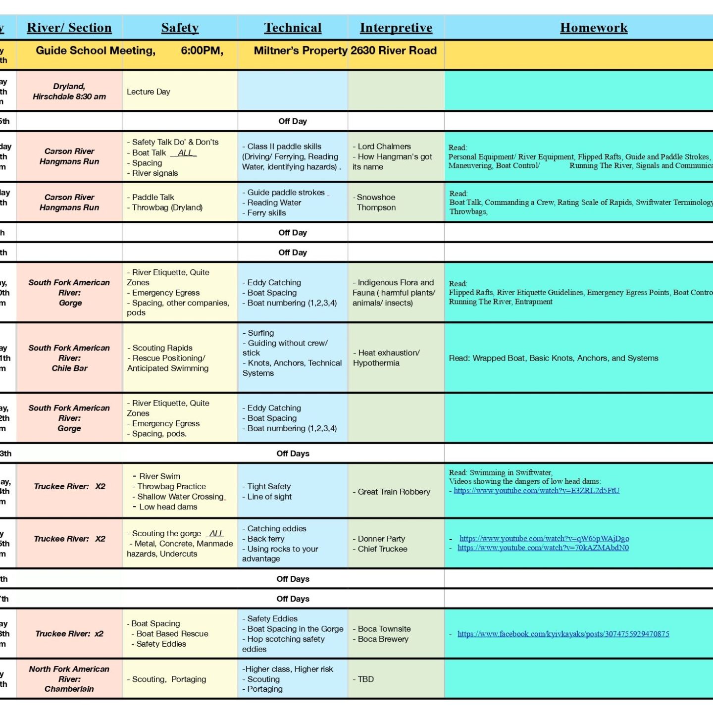Table showing a schedule with dates, activities, safety, technical, interpretive, and homework columns.