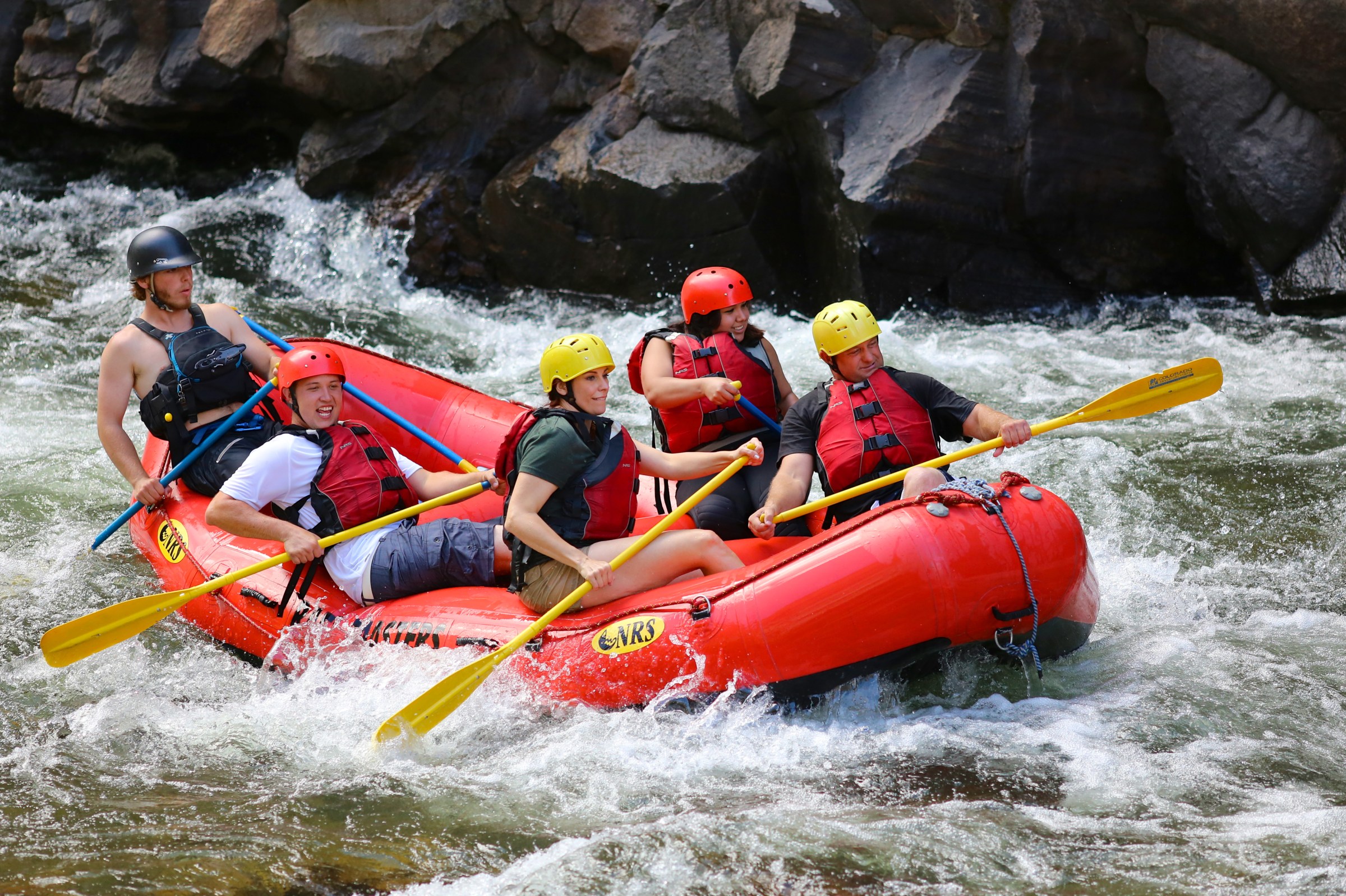 A family on a whitewater rafting trip in Tahoe, CA.