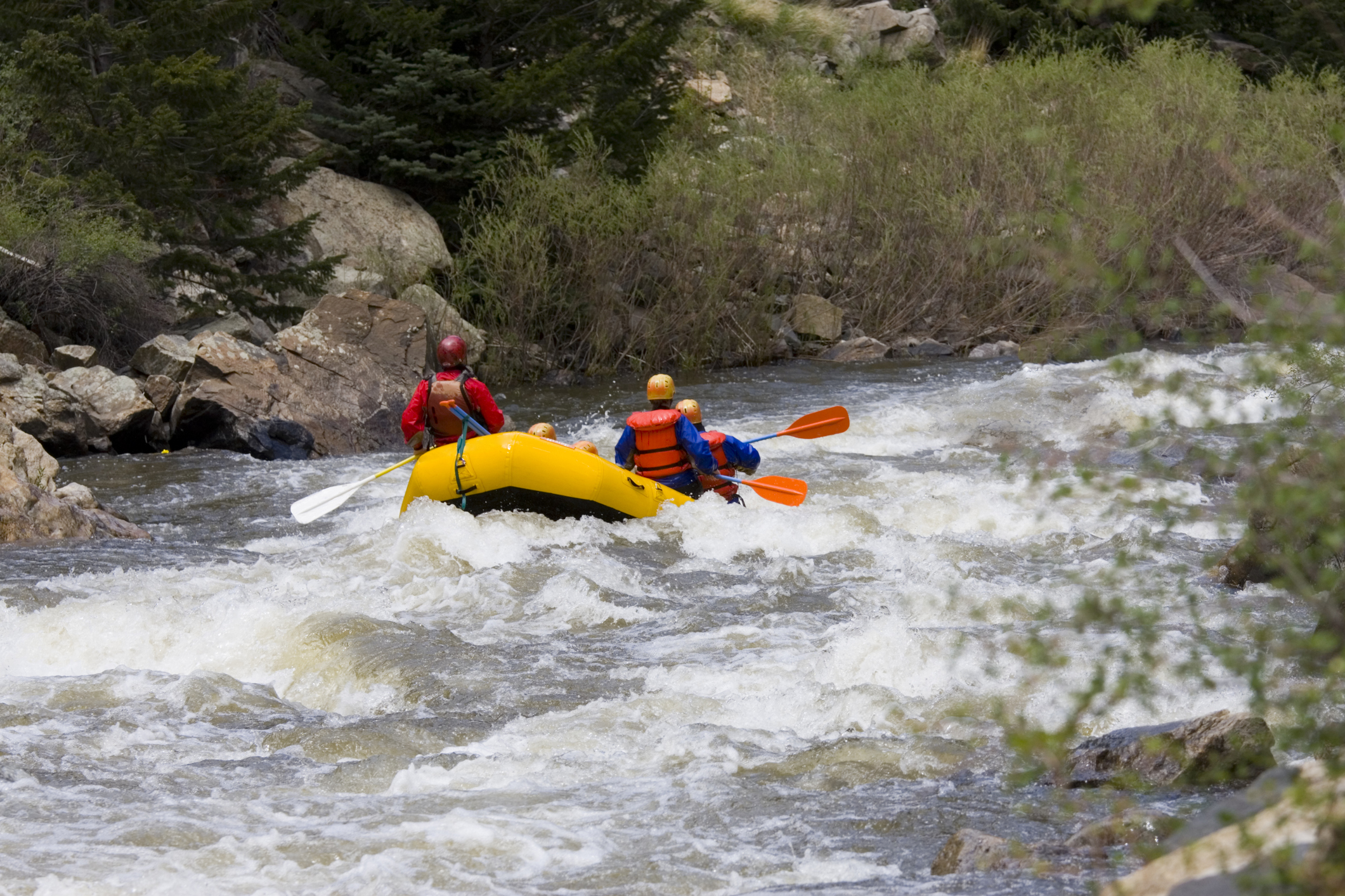 A group of people enjoying whitewater rafting tour of Carson River near Lake Tahoe.